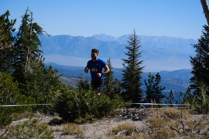 A man running through trees with mountains in the background