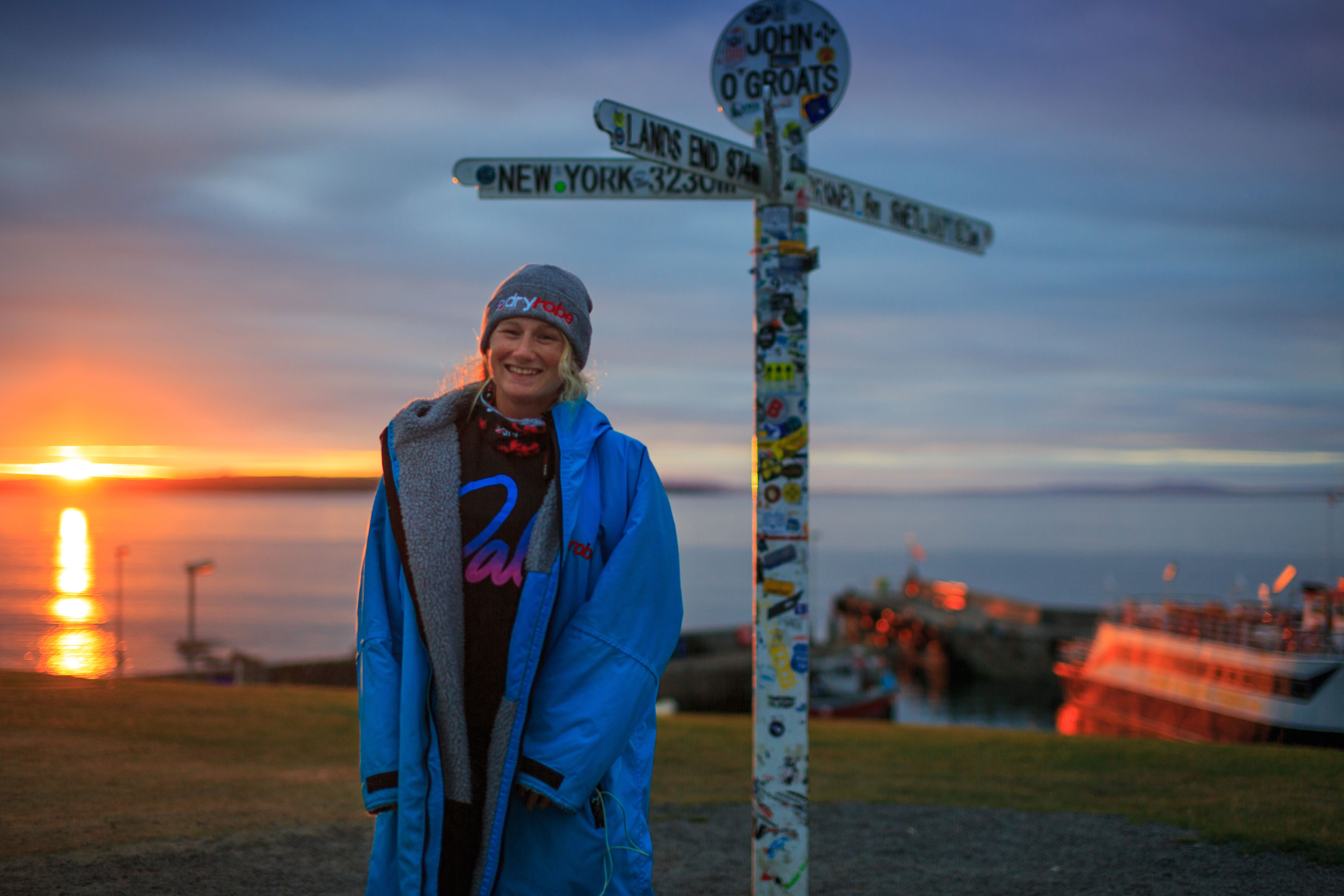 Cal Major at John O'Groats after completing her SUP from Land's End