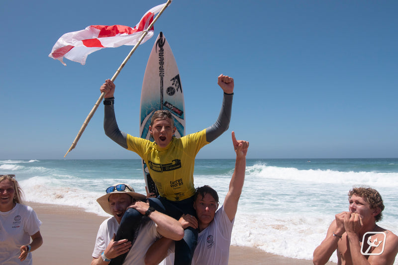 Lukas Skinner being carried on the shoulders of his team mates after winning the U16 Boys European Shortboard Title
