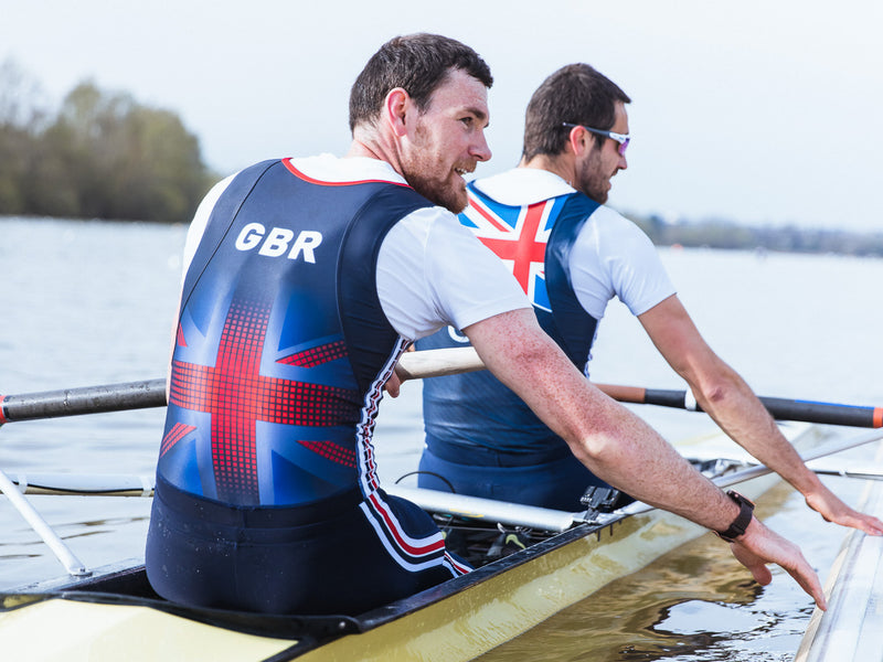 Two British rowers in the water rowing 