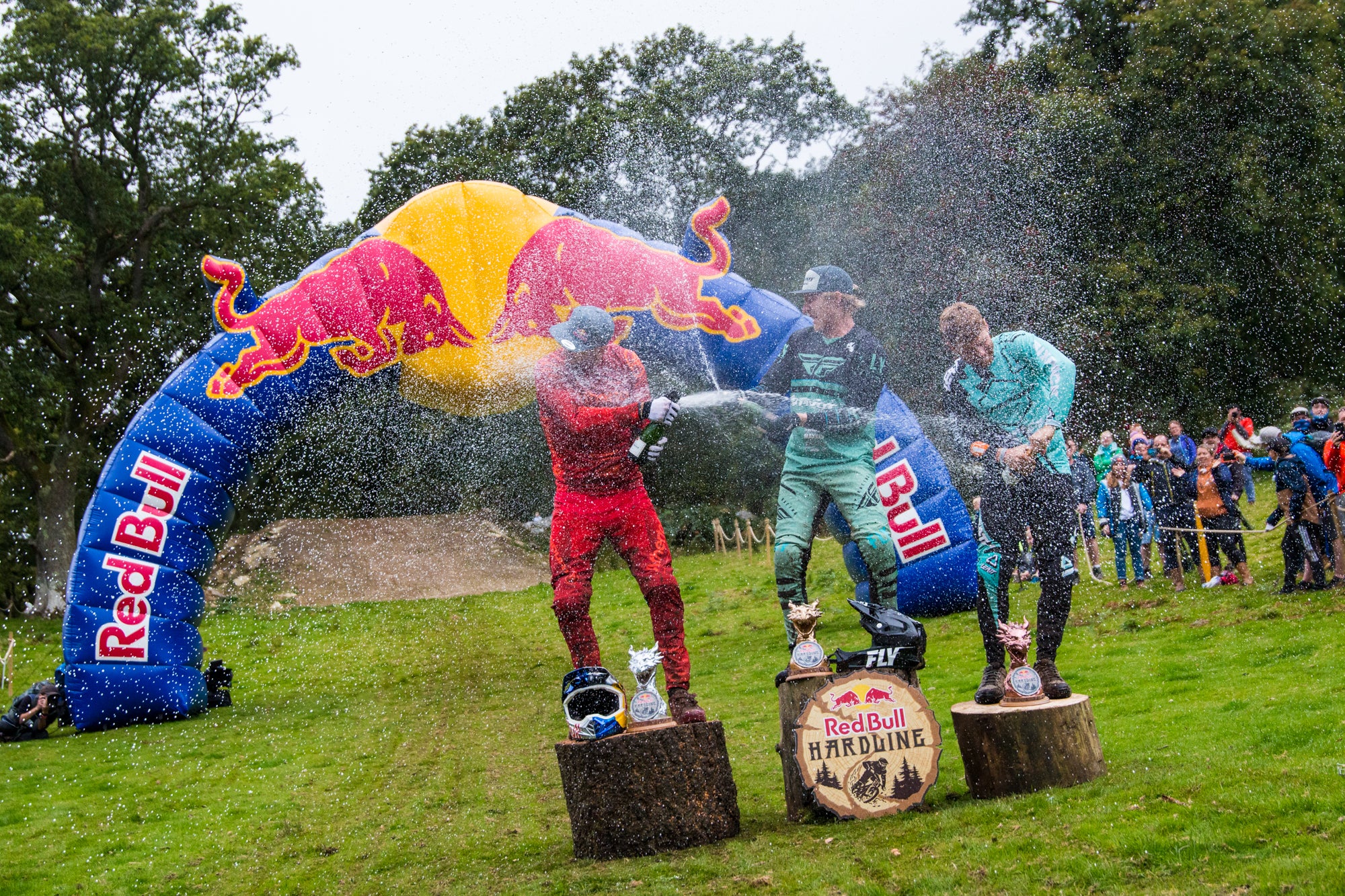 Bernard Kerr, Gee Atherton and Joe Smith on the podium at Red Bull Hardline