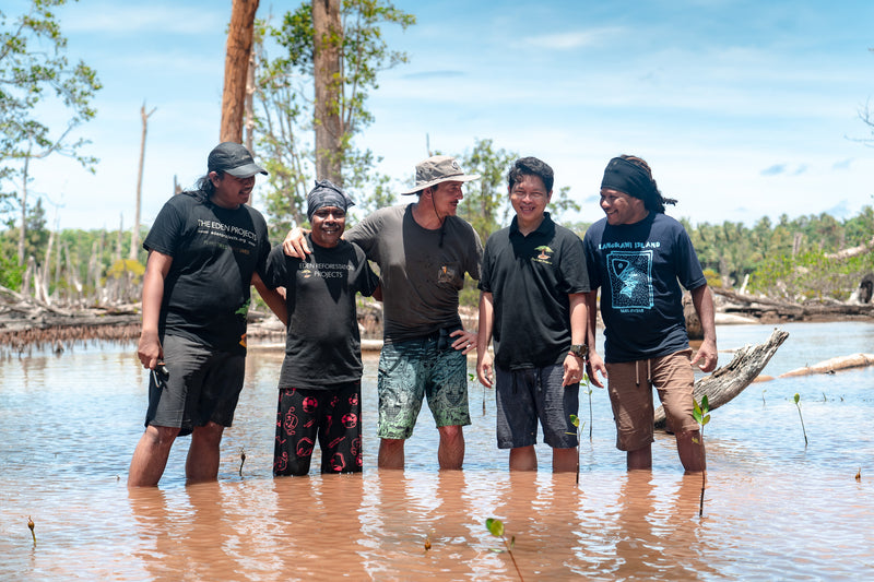 5 individuals standing together in the water surrounded by mangrove treeswater