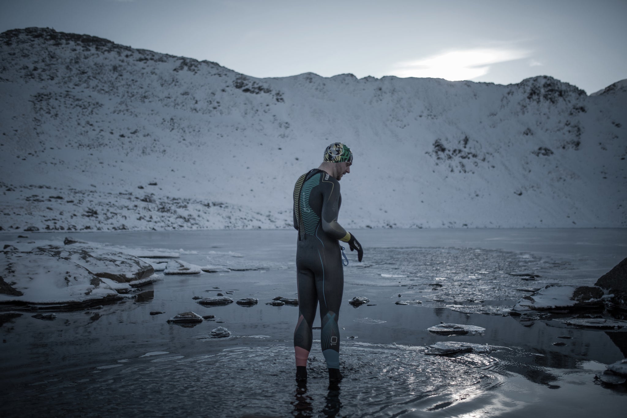 Jacob Tonkin preparing to swim at Red Tarn