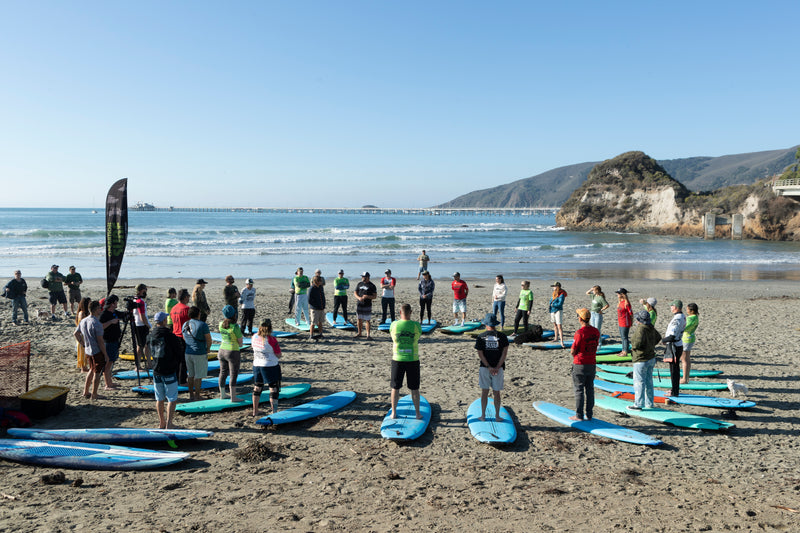 Surfers stood on boards on the san in a circle on the beach 