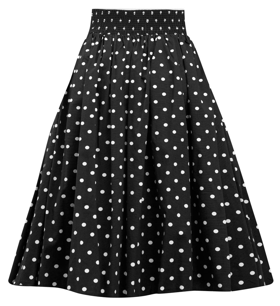 Polka Dot Swing Skirt with Stretch Waist in Black | Double Trouble Apparel