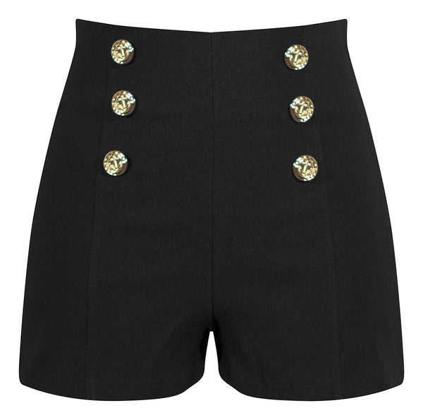 High Waisted Shorts with Anchor Buttons in Black - Sailor Girl Stretchy ...