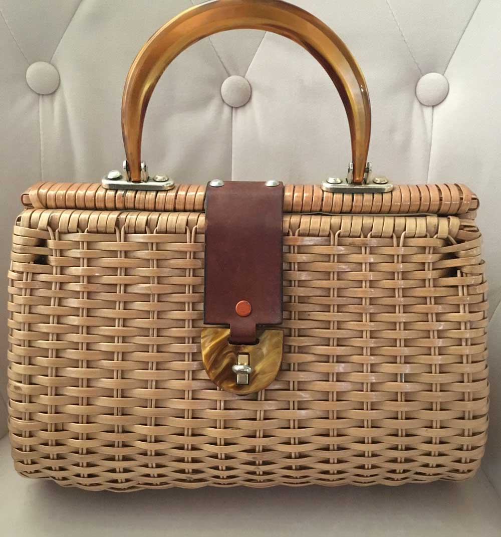 Tan Vintage Double Sided Wicker Bag with Tortoise Handle | Double ...