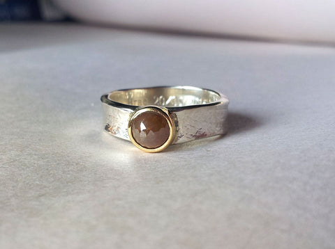 Kathie's custom made rose cut diamond gold engagement ring