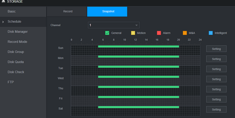 Example of Recording Schedule Configured for Snapshots on Montavue NVR