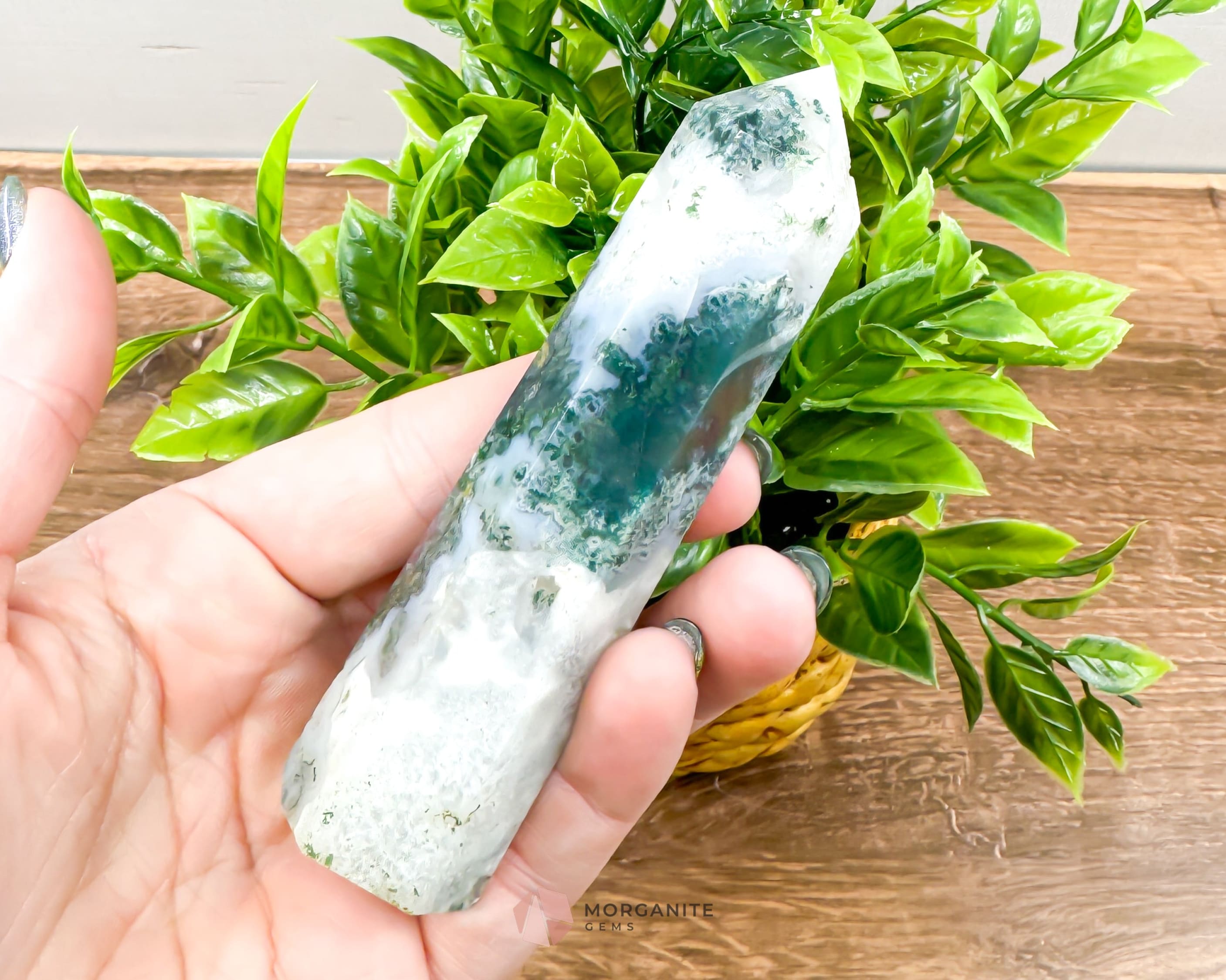 Moss Agate Tower Point – Tranquil Earthy Charm for Spiritual Connection