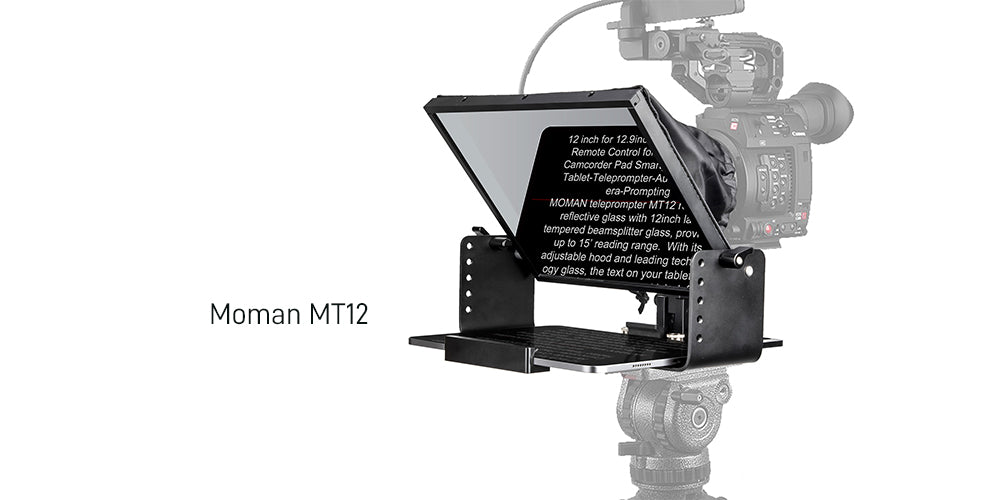 Moman MT12 is a one-piece studio teleprompter for conference, which is made of sturdy metal and glass. It has a budget sale price at US$149.99.