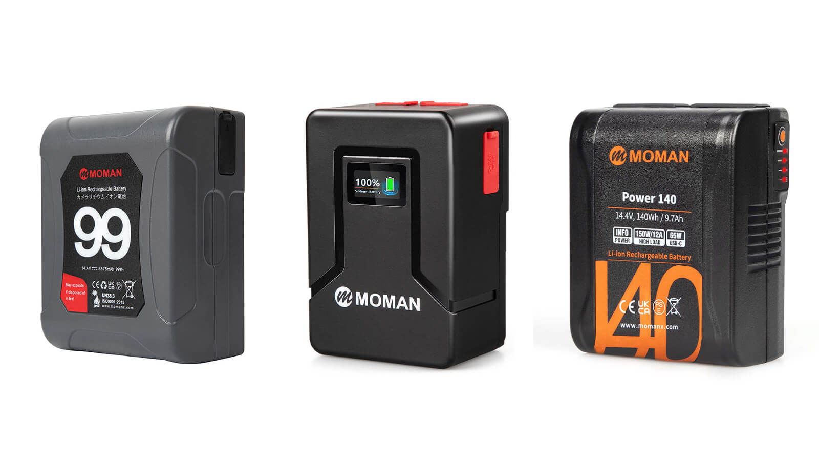 Moman Power 99, 99S, 140 all are high-capacity and high-density v mount battery for videography. You may charge your Aputure studio lighting with MP 140 of 140Wh output.