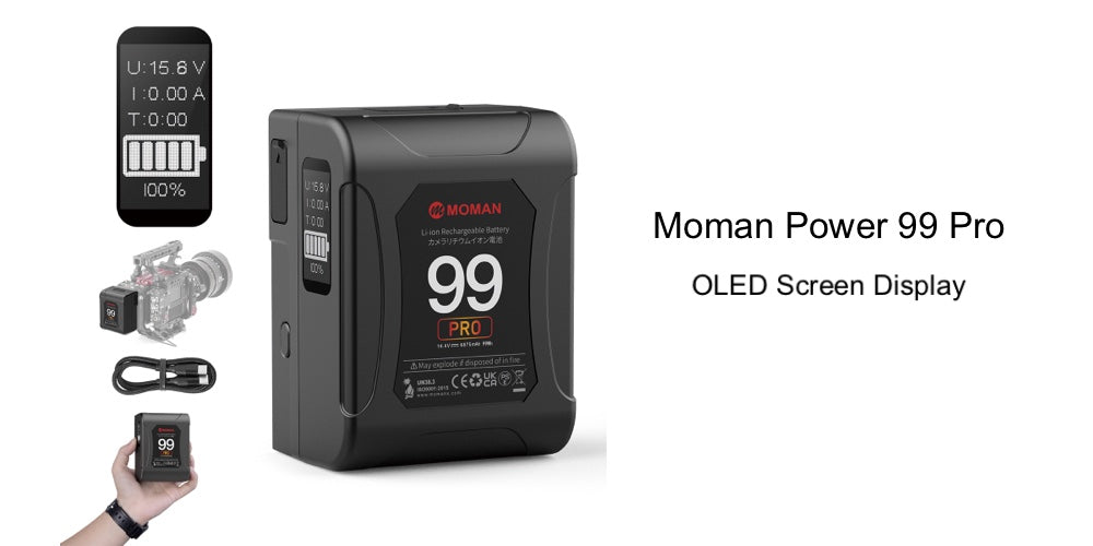Moman Power 99 Pro 99Wh v-lock external battery is designed to have an OLED screen display to show the battery status and current.