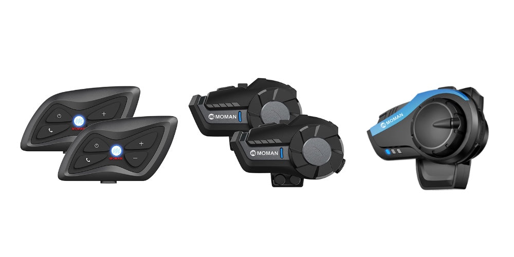 Moman H-series motorcycle helmet intercoms include H1, H2, H3. And the H4 is a Bluetooth helmet headset for connecting to your mobile phone.