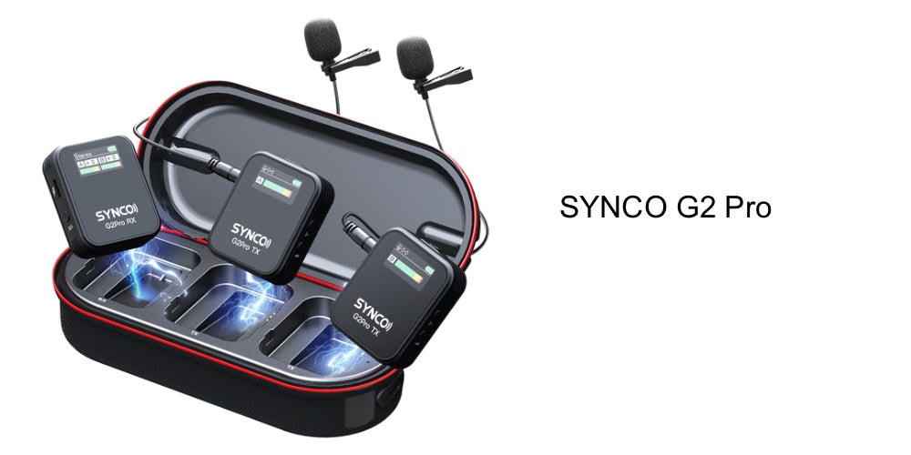 SYNCO G2 Pro lapel microphone with dual channel option, features a one-press muting mode, 8-hour extended working time, 2.4GHz wireless transmission, and a quick charging box.