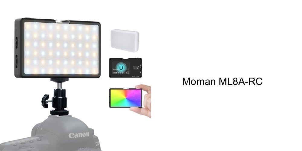 Moman ML8A-RC is a RGB camera panel light. It is budget and portable for outdoor shooting. It has 180 LED beads and adjustable color temperature range.