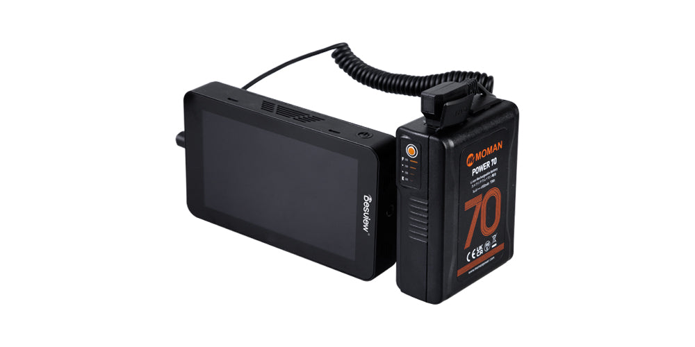 Moman Power 70 v mount battery with d-tap can charge camera monitor, LED lights, wireless transmission through the d-tap battery adapter cable.