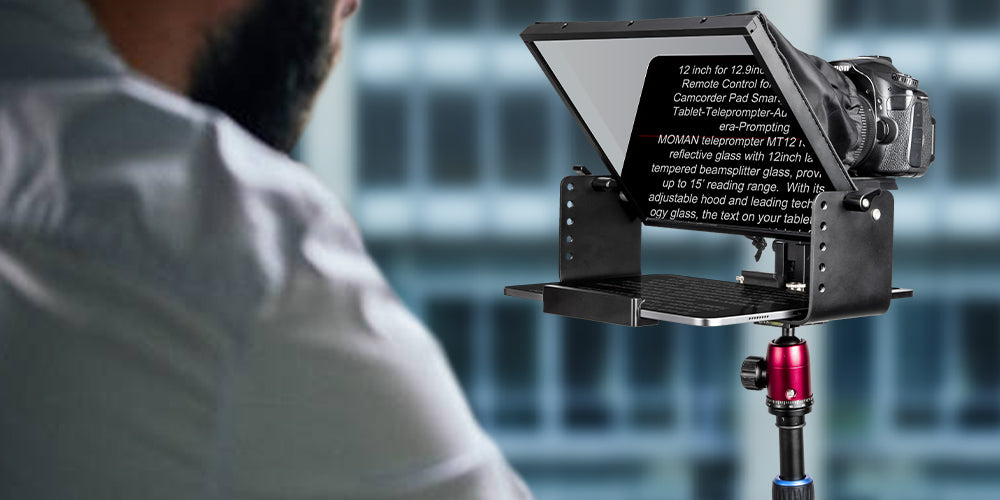 Moman mobile teleprompter MT12 for phones and tablets help you speak naturally in front of the camera