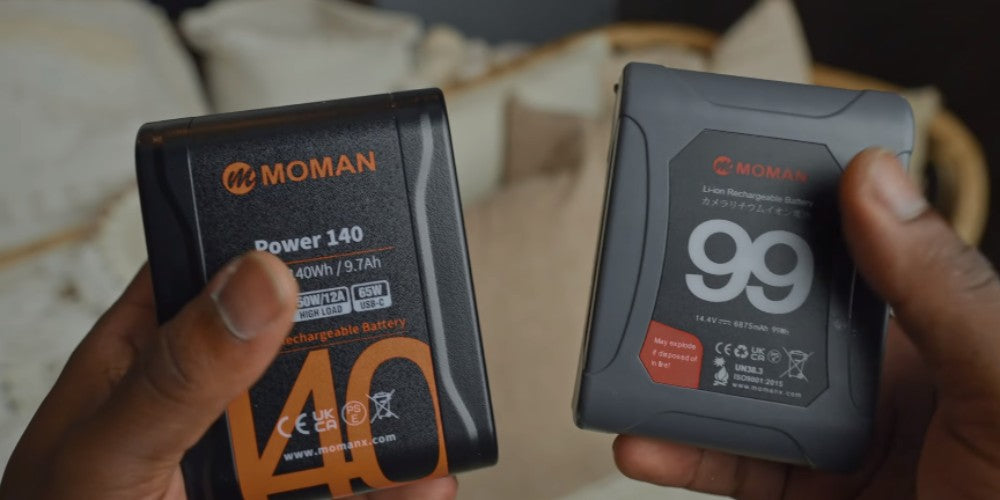 Moman Power 99 and Power 140 v mount battery are compact and lightweight for outdoor charging.