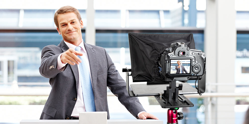 A camera-mounted teleprompter helps you have a smooth speech while keeping eye contact with your audience