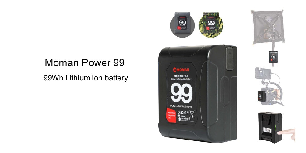 Moman Power 99 rechargeable lithium-ion battery is a v-mount power supply that is compact,lightweight, and versatile. It features 99Wh high capacity.