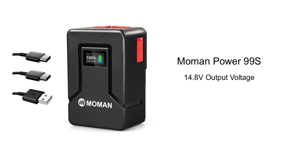 Moman Power 99S digital camcorder battery has three input ports for quick charging, including BP, USB-C, and D-tap.