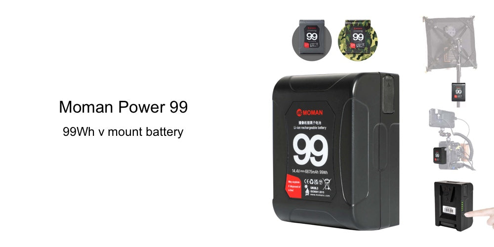 Moman Power 99 BMPCC battery with v-mount is small, reliable, and easy to mount and use.