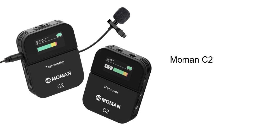 Moman C2 is a one-to-one wireless lavalier microphone for cameras. It has a screen display for monitor and a 3.5mm output interface for lapel mic connection.