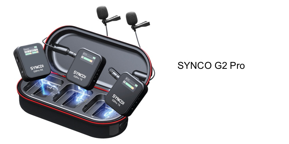 SYNCO G2 Pro has two transmitter options of 1-to-1 and 1-to-2. It is packed with a wireless charging case and being ideal for long-time shooting outdoors.