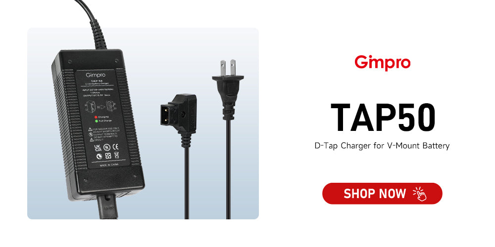 Gimpro tap50 external battery charger is suitble for diverse battery kinds those have a d-tap input, such as v-mounts, gold mounts, etc.