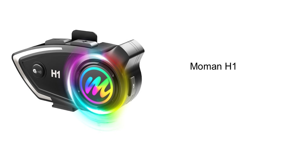 Moman H1 motorcycle to motorcycle helmet intercom features voice-assistant for hands-free control.