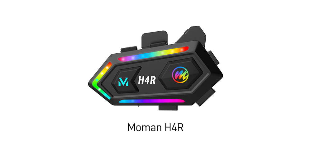 Moman H4R motorcycle wireless headset for full helmet has RGB lighting effects for nighttime riding. Its 40mm speaker and 2.4GHz frequency band ensures clear and secure audio.