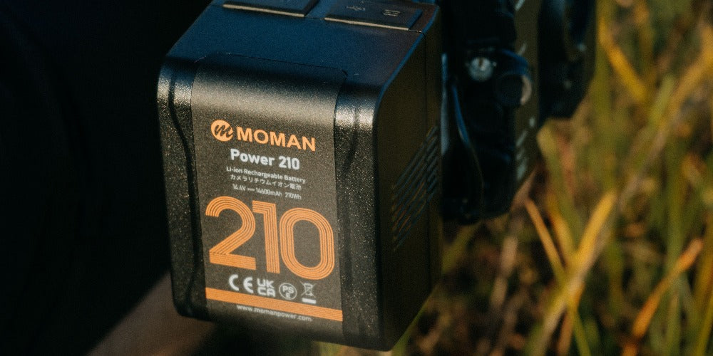 Moman Power 210 v mount battery for digital camera can be charged by USB charger, D-tap charging cable, etc.