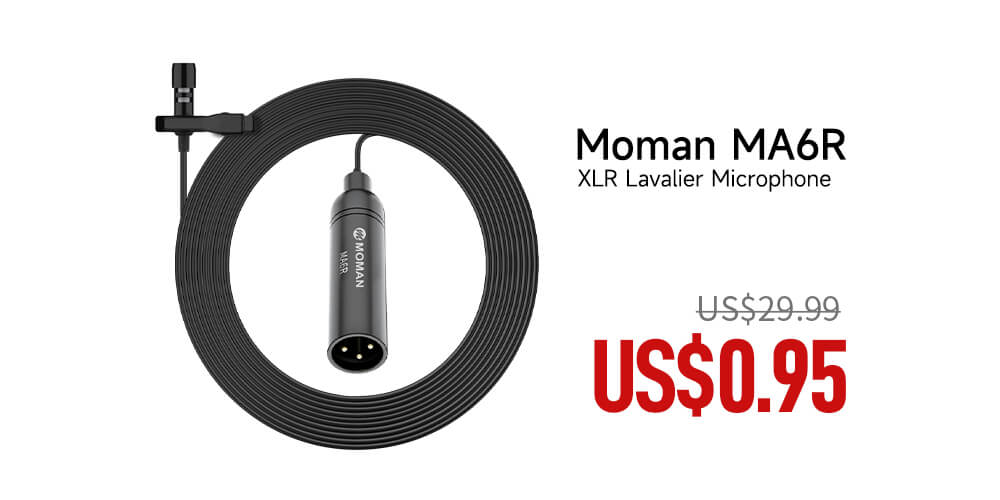 Moman MA6R budget wired podcaster mic has a 6-meter cable for free movement. It has no battery required and can be powered directly by the cameras.