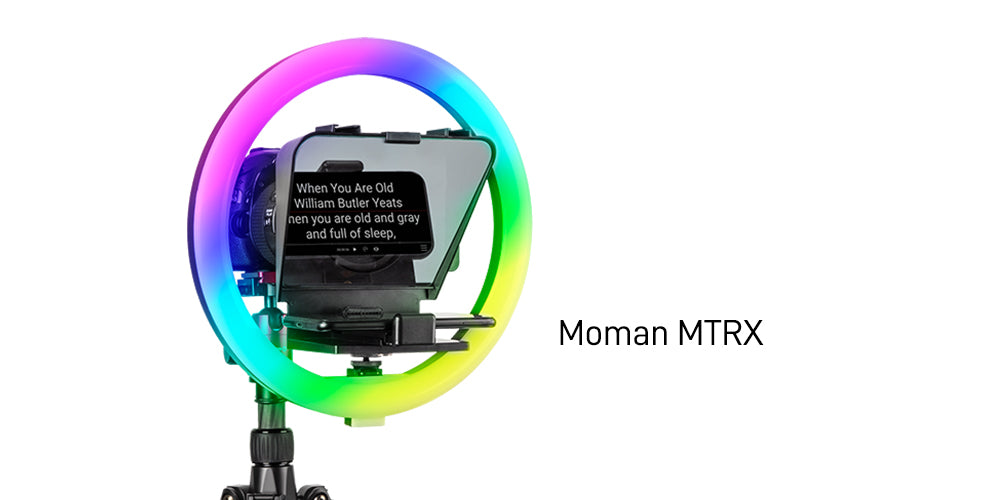 Moman MTRX is a teleprompter setup with RGB ring light. You can mount an external monitor on it for better recording.