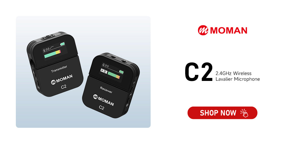 Moman C2 and C2X external mic for social online platform can use the adapter cable to connect to video camera and Type-C Android smartphone and start recording.