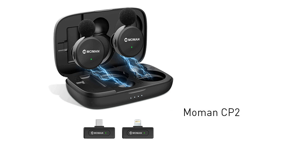 Moman CP2 wireless mini microphone with Type-C is packed with a fast charging box. It can apply to filmming, live streaming, and so on.