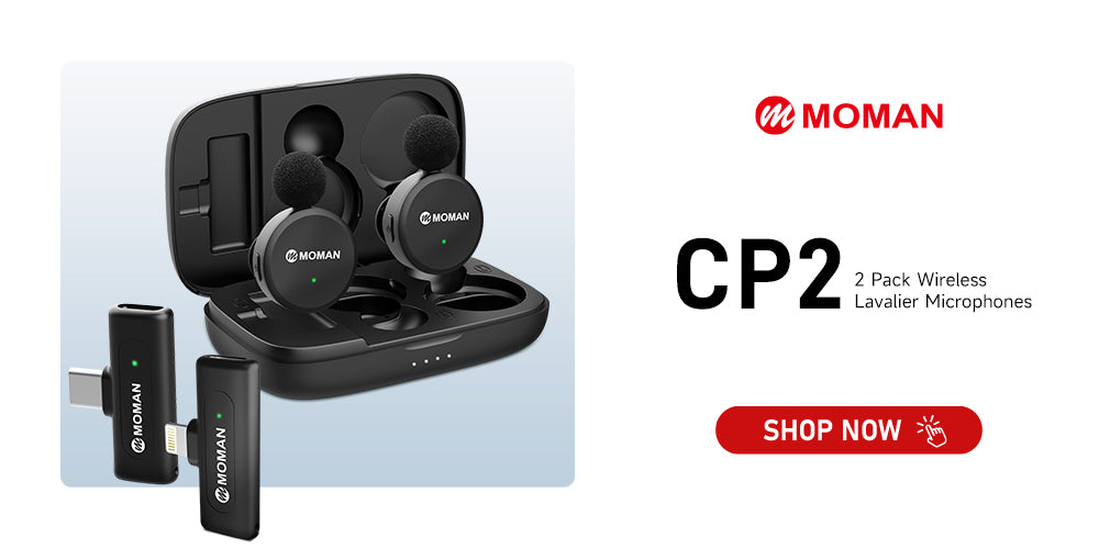 Moman CP2 is a wireless condenser mic for phone recording on social media platform. It uses 2.4GHz transmission frequency for stable and clear audio.