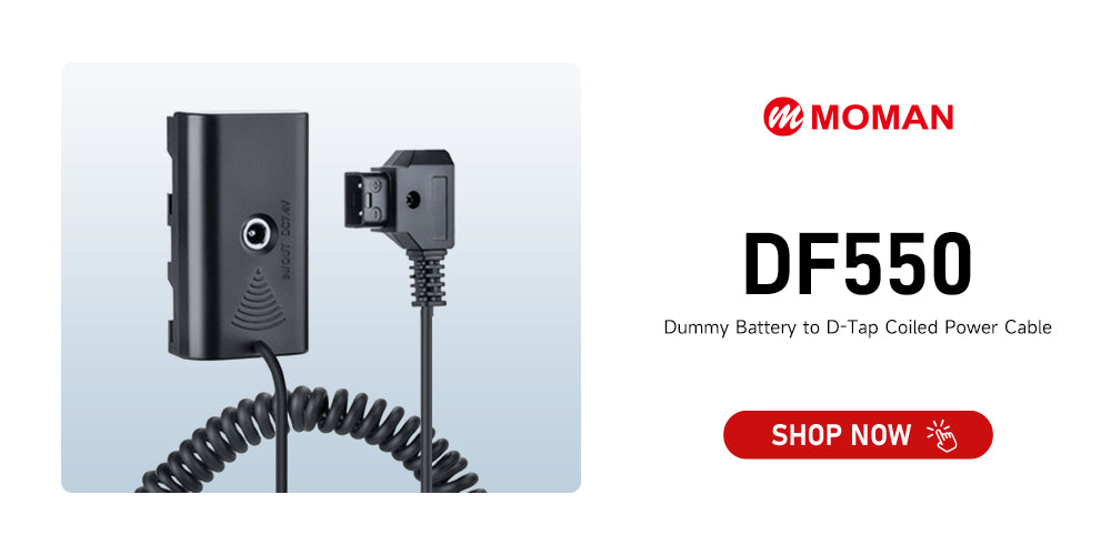 Moman DF550 is a battery cable adapter with d-tap. It can help v mount batteries to charge for digital cameras, monitors, and others.