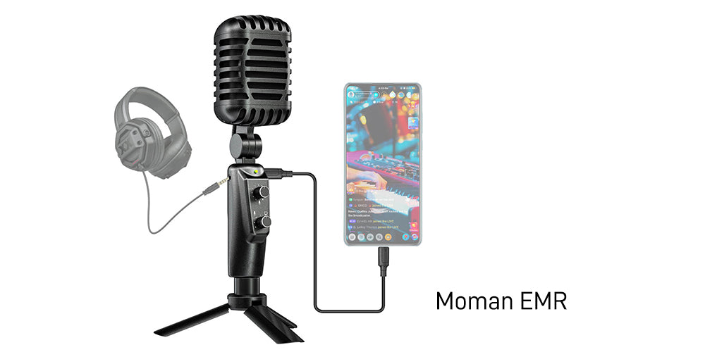 Moman EMR Retro USB Microphone can work with smartphones, tablets, computers for live streaming