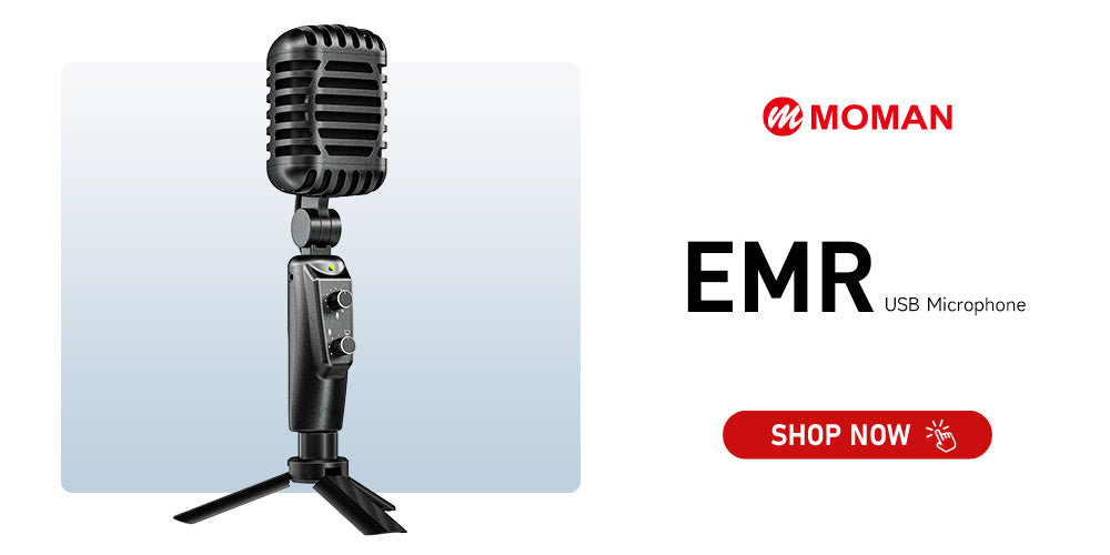 Moman EMR is a retro USB microphone for PC. It is designed to have noise-cancellation for capturing clean voice during live streaming and pre-recording.