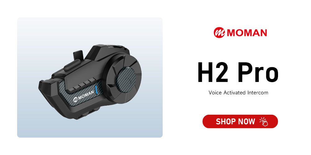 Moman H2 Pro motorcycle helmet intercom with noise-reduction enjoys a long-distance transmission up to 1000 meters for two-way conversation.