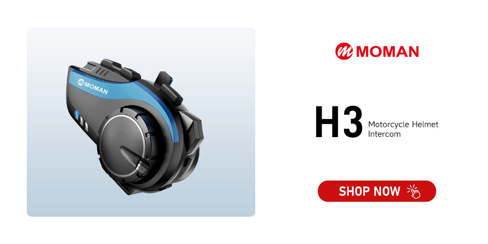 Moman H3 helmet intercom system with 2000m sharing range is compact, versatile, and waterproof.