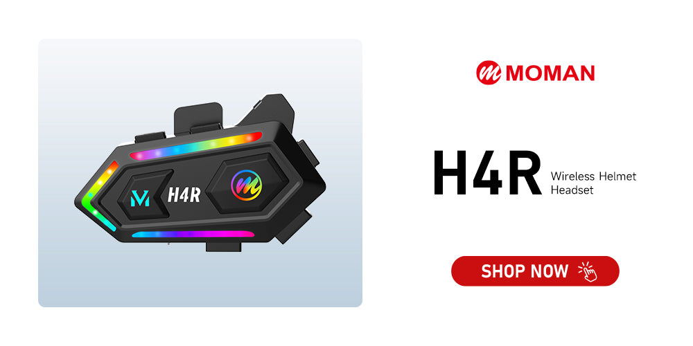 Moman H4R Bluetooth helmet headset has RGB lighting design for 16 magic modes. It is for single rider use.