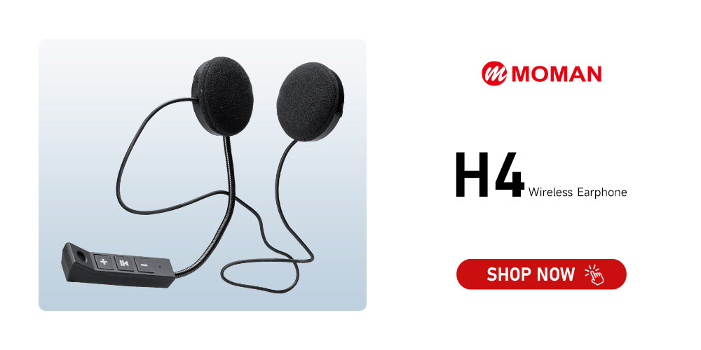 Moman H4 motorcycle headset for half helmet has an expanded speaker with buttons. It can be used for music streaming, taking calls, GPS, and others.