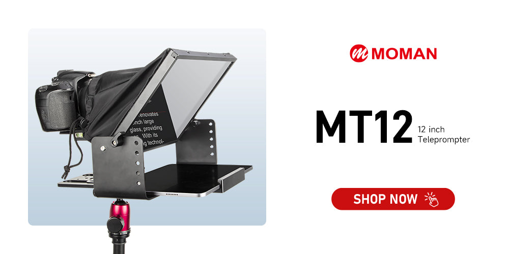 Moman MT12 professional home studio teleprompter provides wide reading range and clear text reflecting.