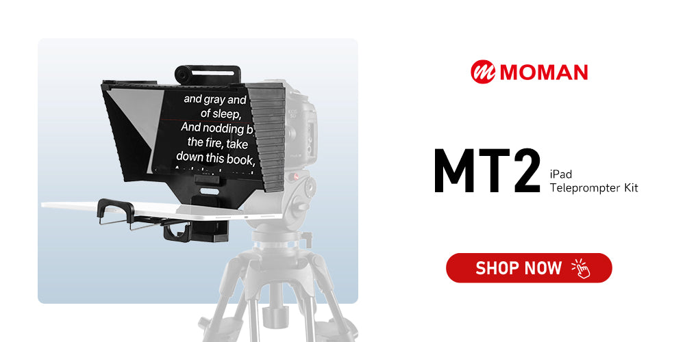 Moman MT2 smartphone teleprompter for home use is portable and durable. It can be utilized for on-the-go vlogging as well.