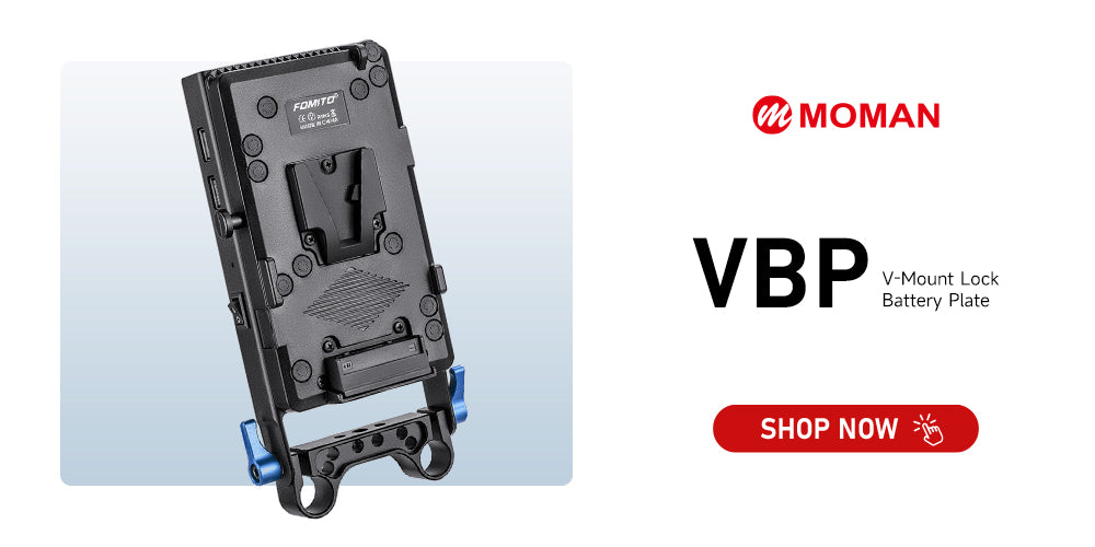 Moman VBP multi-output v-lock converter plate can be used for 15mm rod base camera setup. It can charge for Canon cameras, Sony, and Blackmagic Pocket Cinema Camera 4K/6K.