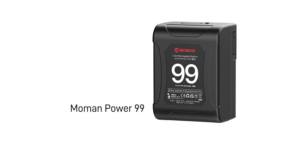 Moman Power 99 99Wh lithium-ion battery for DSLR, BMPCC, and camcorder, has a compact and sturdy body for filmmaking, vlogging, live streaming, and so on.