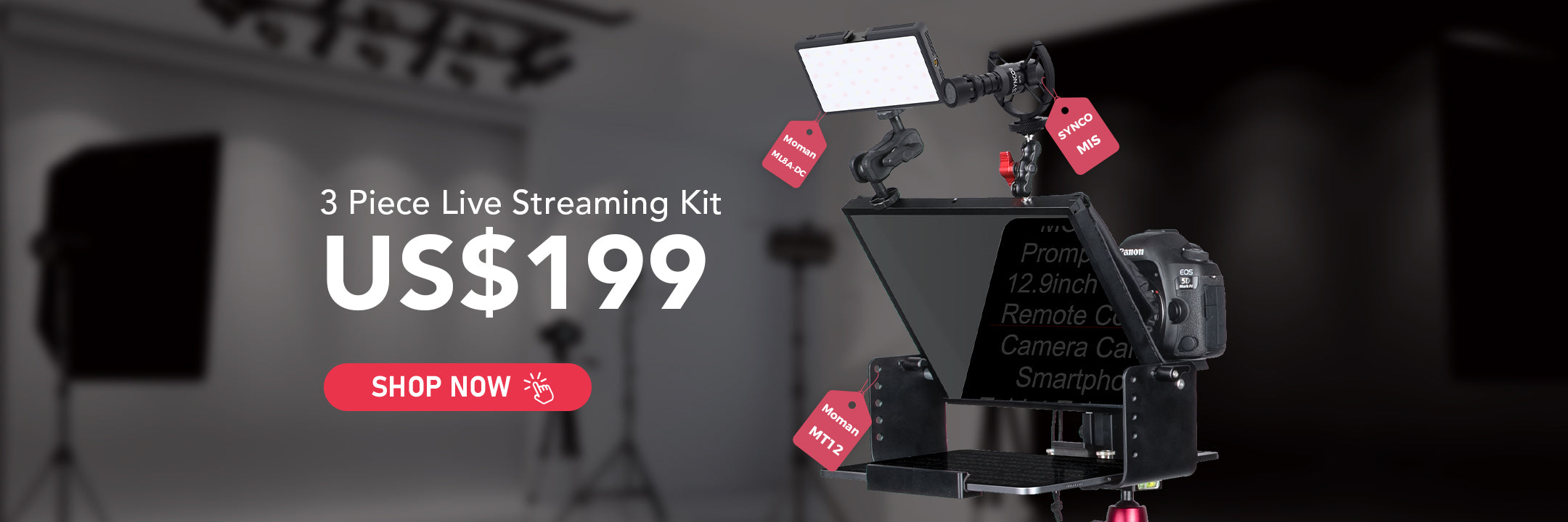 Moman MT12 3-piece live streaming kit includes the laptop teleprompter, a LED panel light, and a shotgun microphone. It supports great performance and video effects in vlogs, live streams, broadcast, etc.